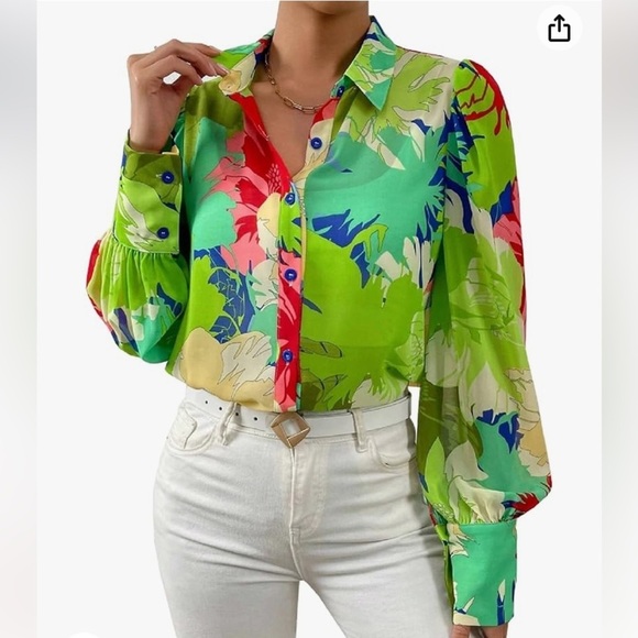 Women's Shirt Button Down Colorful Blouses Long Sleeve Floral Print new - Picture 3 of 6